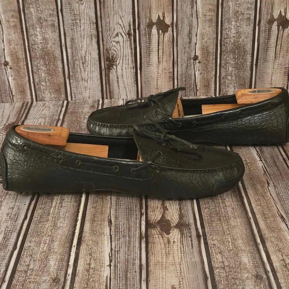 Sz 13 D Mens Cole Haan Gunnison Driver Black Croc Embossed Leather Loafers VGUC